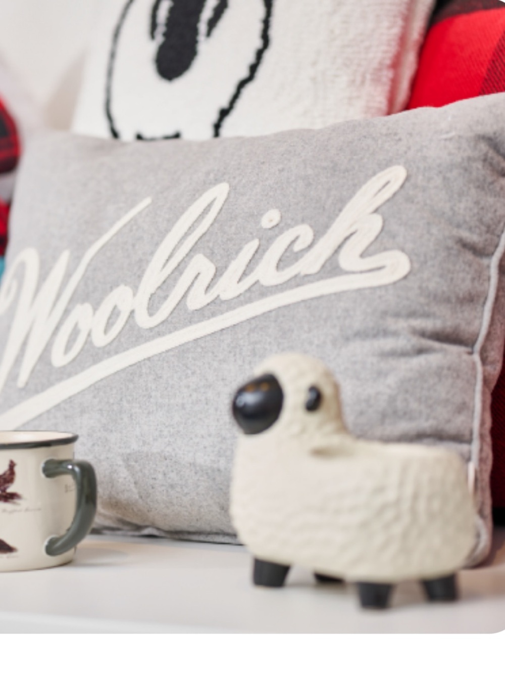 Woolrich Gray and White Script Logo Holiday Throw Pillow